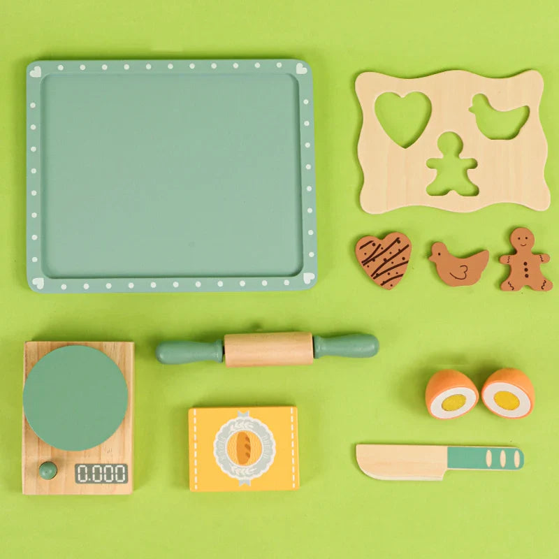 Wooden pretend play pastry set with scale baking tray and cut out biscuit dough for kids — view 5