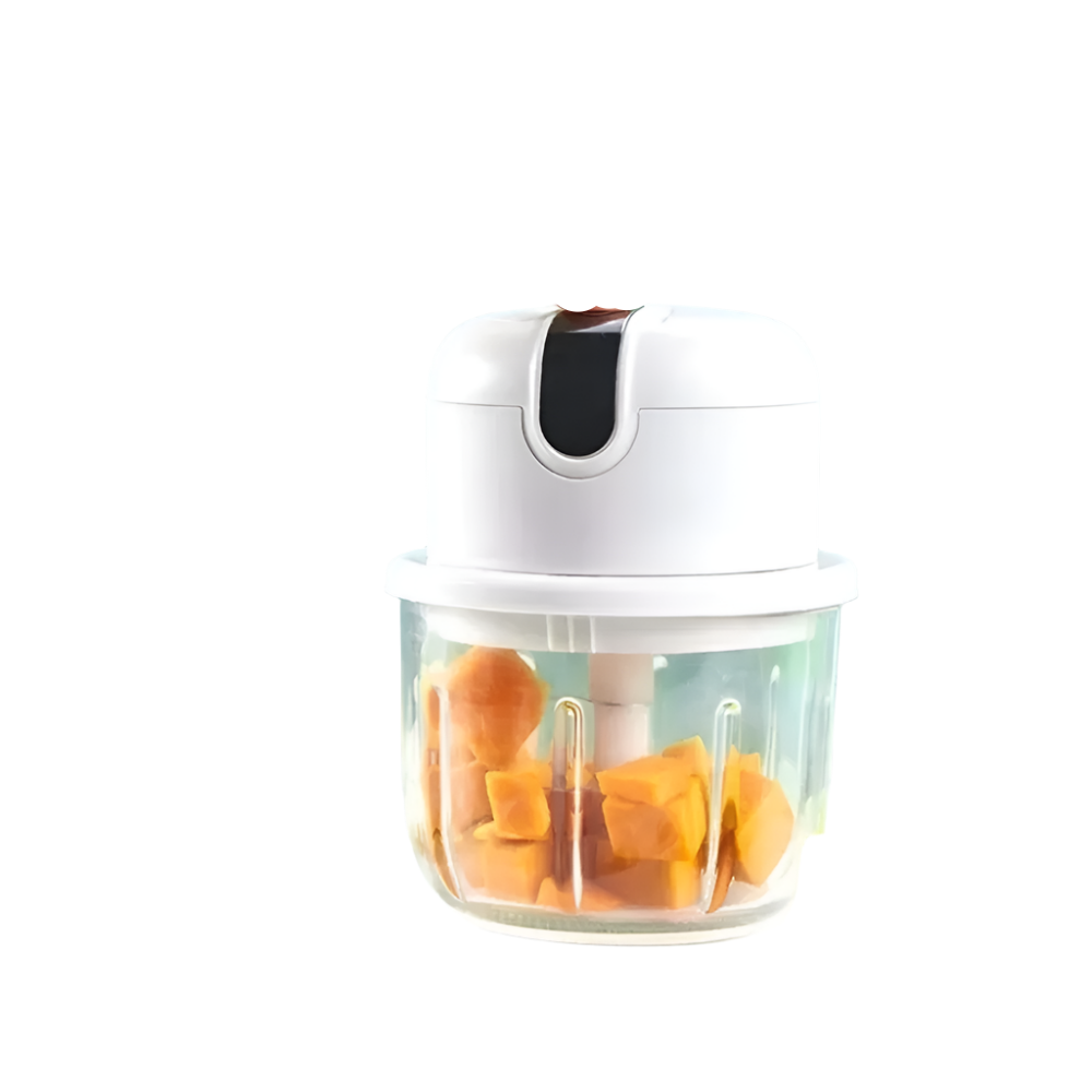 White electric mini food chopper and garlic masher with stainless steel blades
