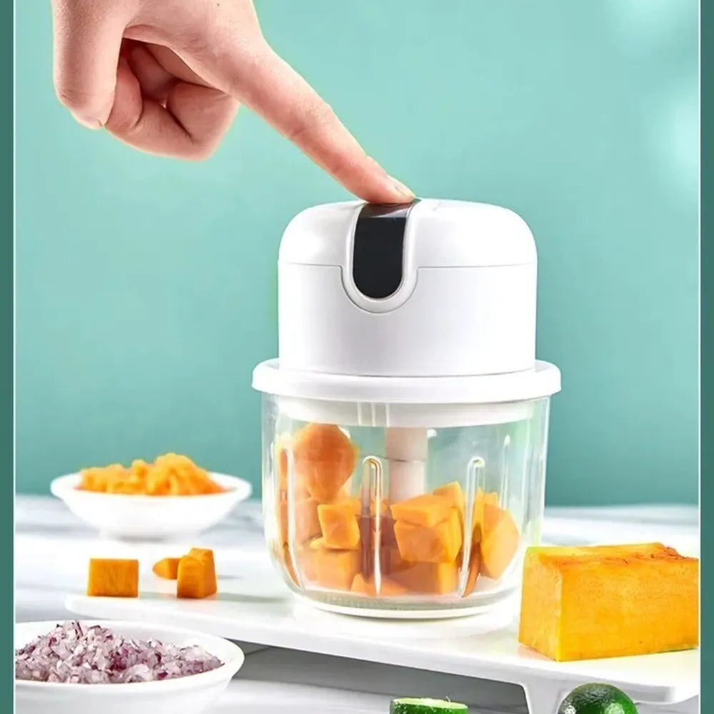White electric mini food chopper and garlic masher with stainless steel blades — view 3
