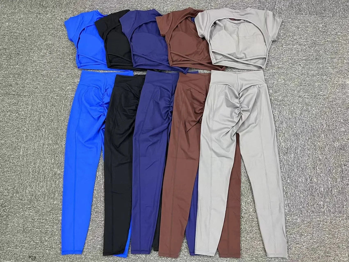Cross Backless Sporty Set Women 2 Piece Sportswear Short Sleeve Training Suit for Fitness Yoga Wear Female Gym Workout Clothes-4
