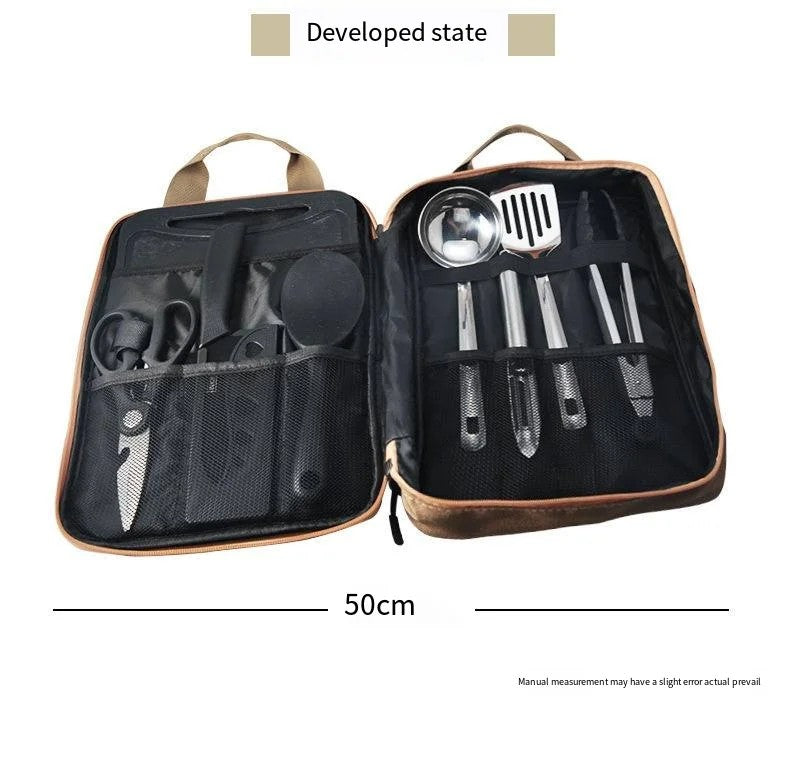 8-piece camping cookware set with stainless steel utensils and khaki zip carrying case — view 3