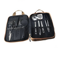 8-piece camping cookware set with stainless steel utensils and khaki zip carrying case