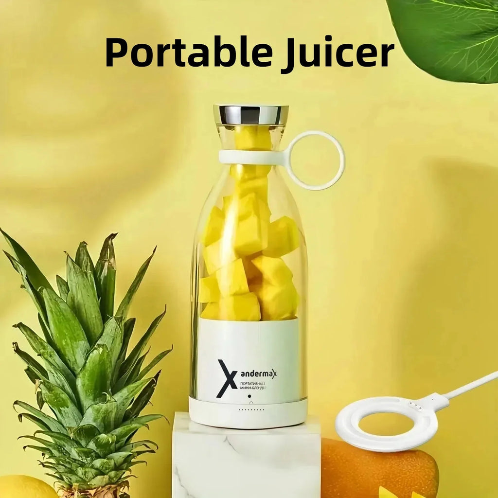 Mini portable electric blender and juicer with wireless charging base in soft pink and white