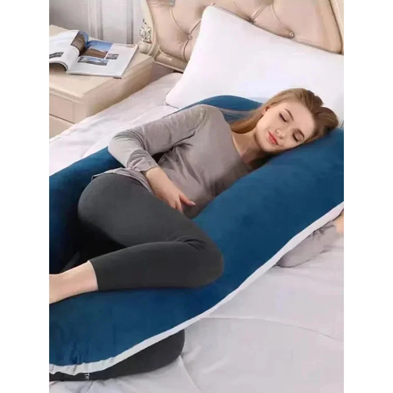 Grey pure cotton U-shaped pregnancy pillow providing full body maternity support for side sleepers — view 3