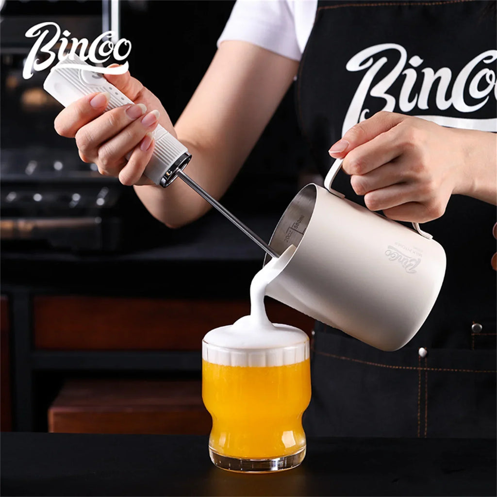 Black wireless electric milk frother with stainless steel whisk head and ergonomic handle — view 3