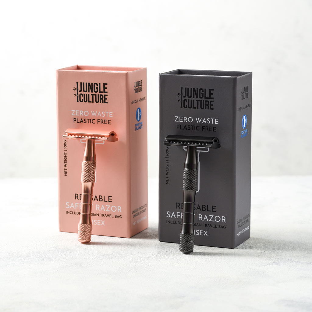 Reusable metallic safety razor with a thick handle available in rose gold or black finishes