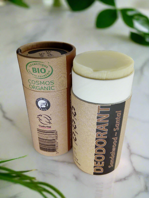 Organic sandalwood natural deodorant in 100 percent recycled paper push up tube