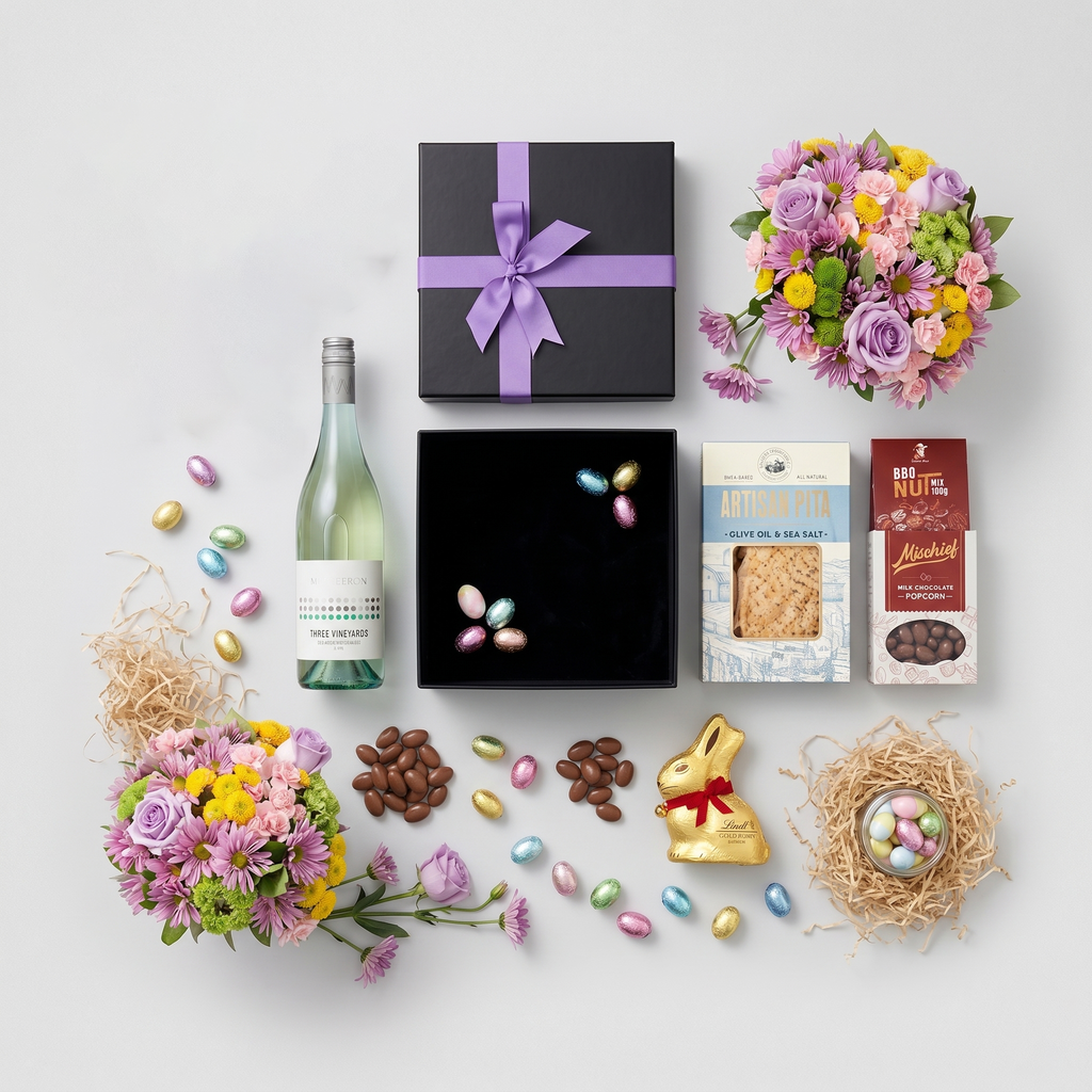 Premium Sauvignon Blanc and Easter chocolate gourmet hamper arranged in a sleek black magnetic gift box — view 2