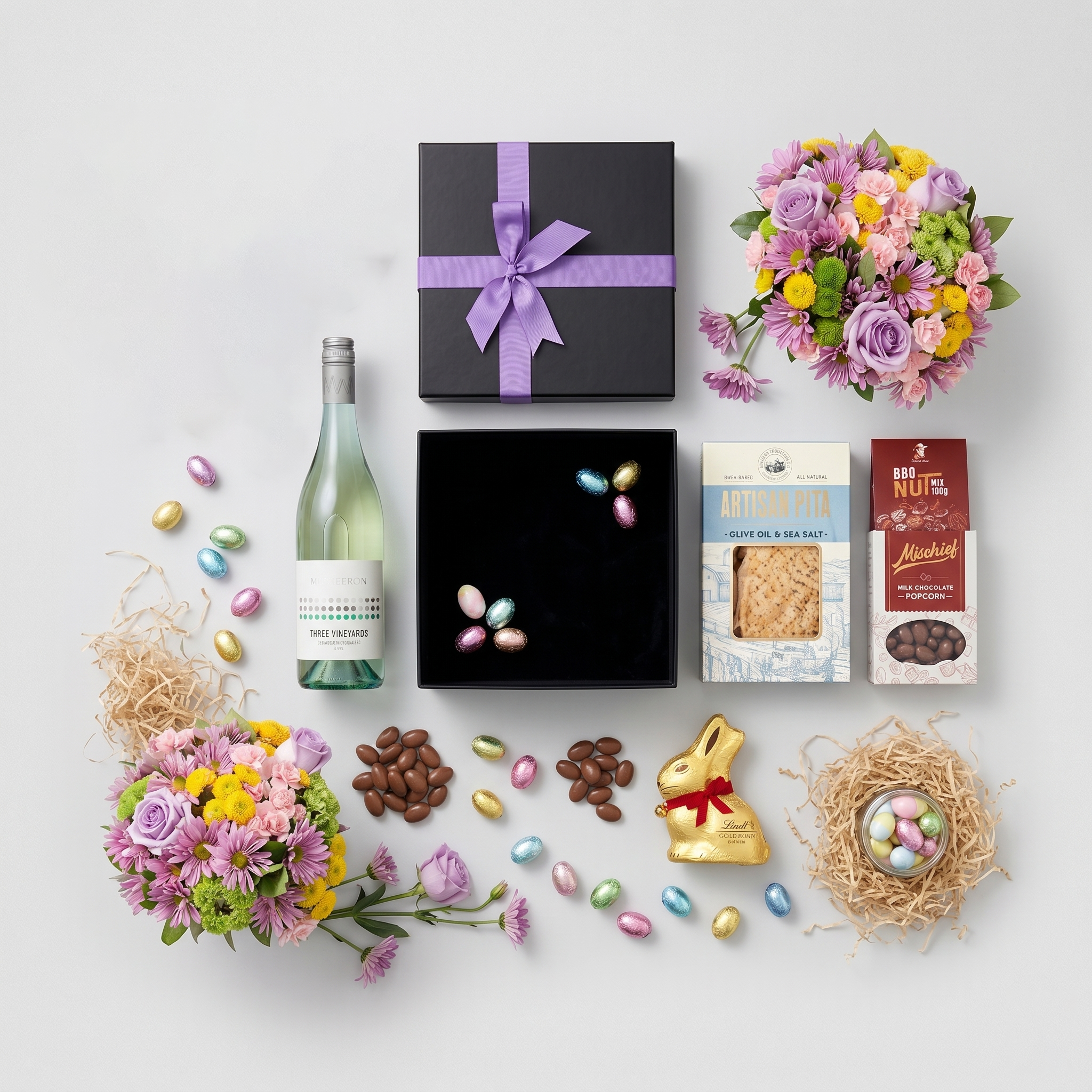 Premium Sauvignon Blanc and Easter chocolate gourmet hamper arranged in a sleek black magnetic gift box — view 2
