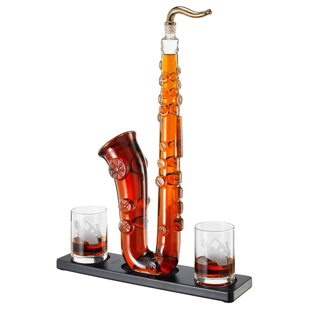 Clear glass saxophone whiskey and wine decanter set with two matching tasting glasses