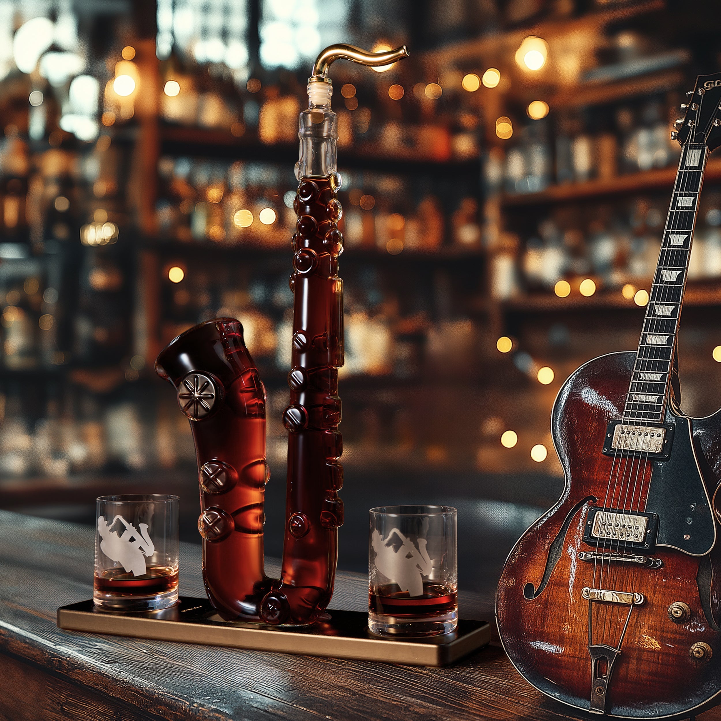 Clear glass saxophone whiskey and wine decanter set with two matching tasting glasses — view 5