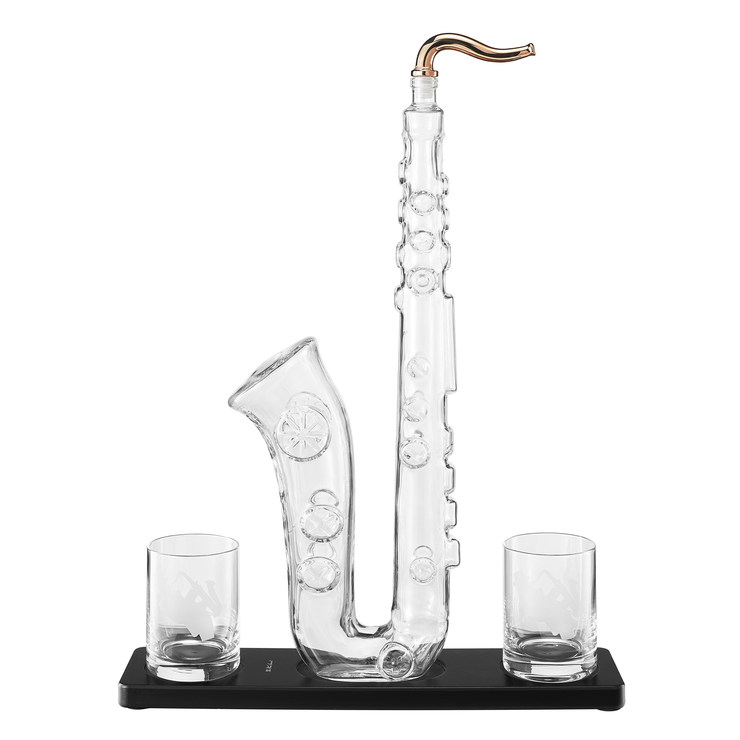 Clear glass saxophone whiskey and wine decanter set with two matching tasting glasses — view 4