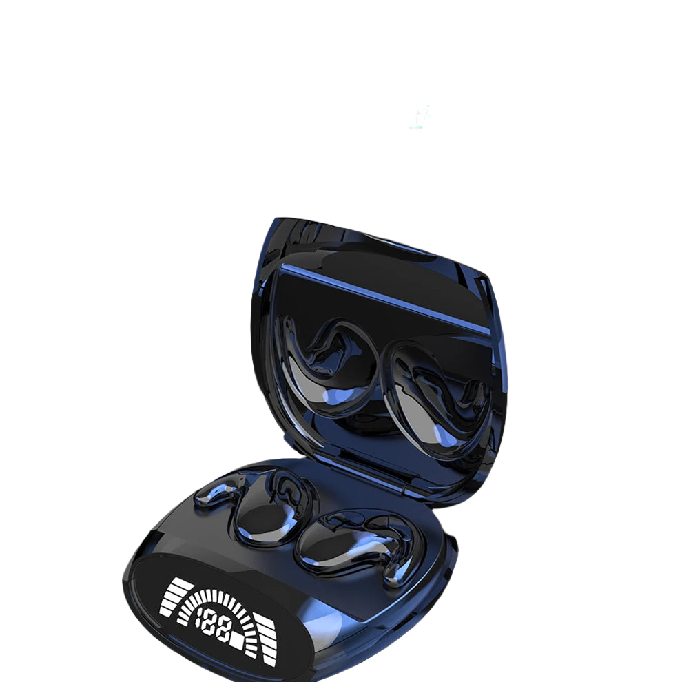 Mini noise cancelling wireless sports earbuds inside compact charging case with visible LED battery display