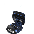 Mini noise cancelling wireless sports earbuds inside compact charging case with visible LED battery display