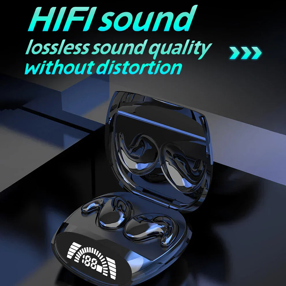 Mini noise cancelling wireless sports earbuds inside compact charging case with visible LED battery display — view 3