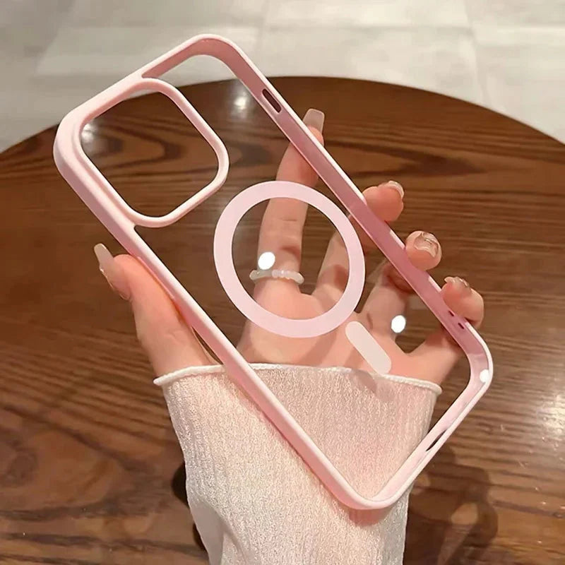 Pink transparent acrylic MagSafe iPhone case with shockproof magnetic ring design — view 5