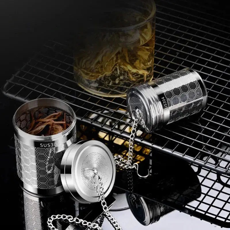Fine mesh stainless steel tea infuser, silver reusable strainer with a secure locking lid and chain — view 8