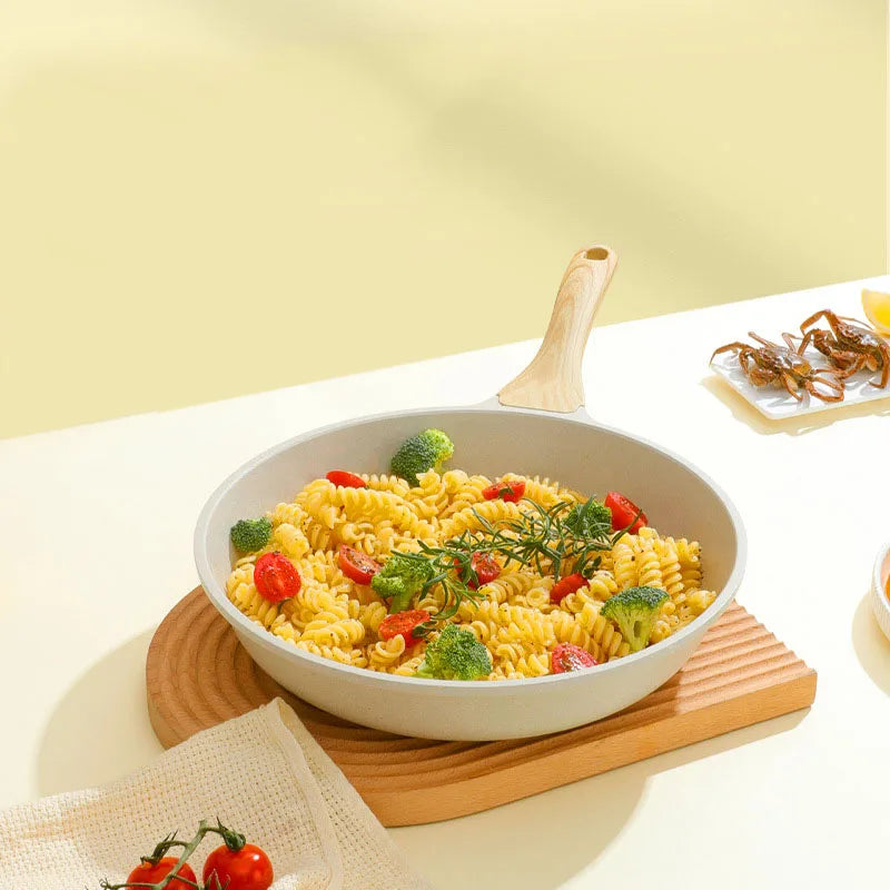 White 28cm non-stick ceramic wok pan with stainless steel handle on modern kitchen counter — view 3