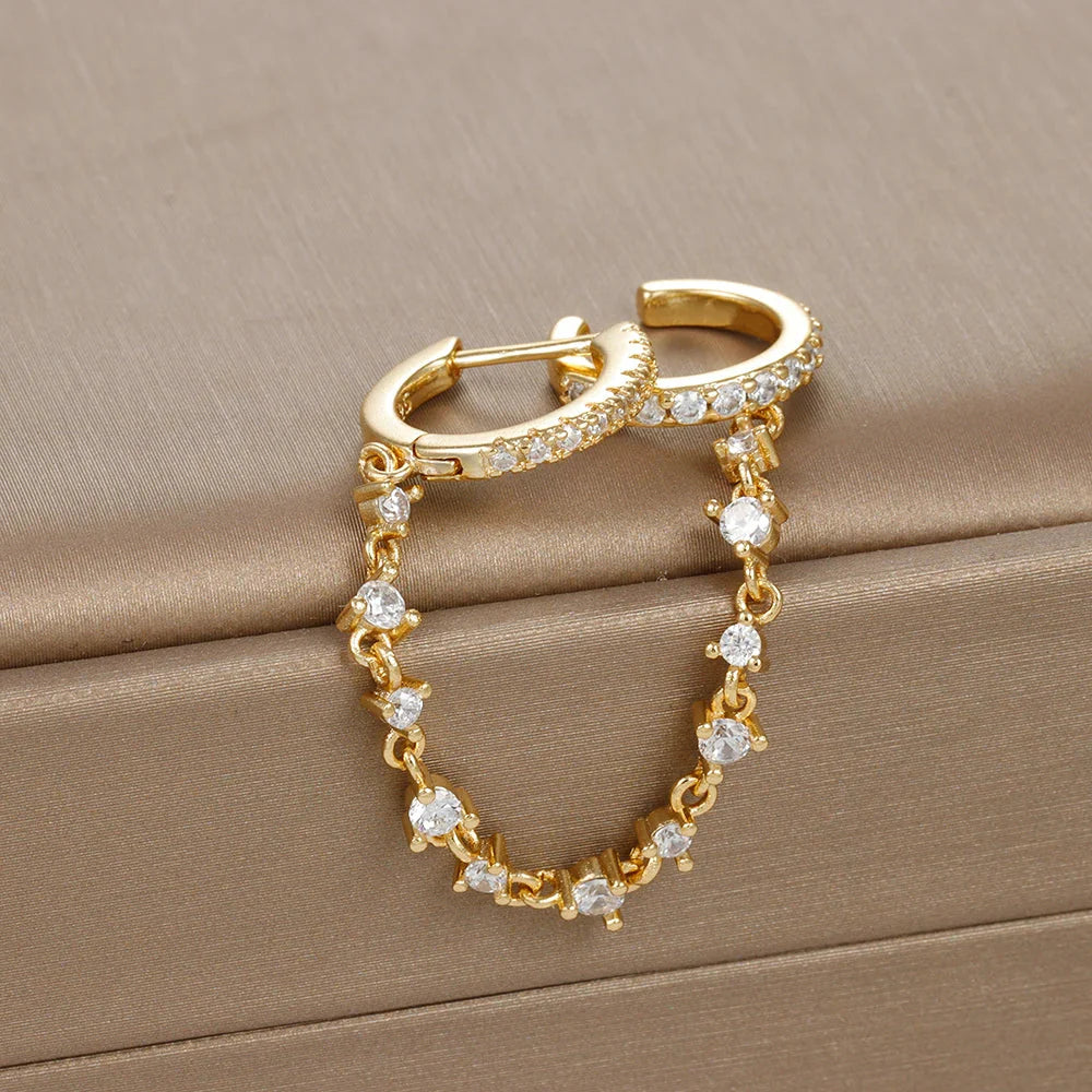CZ crystal chain drop earrings in stainless steel with a secure hoop ear buckle closure — view 5
