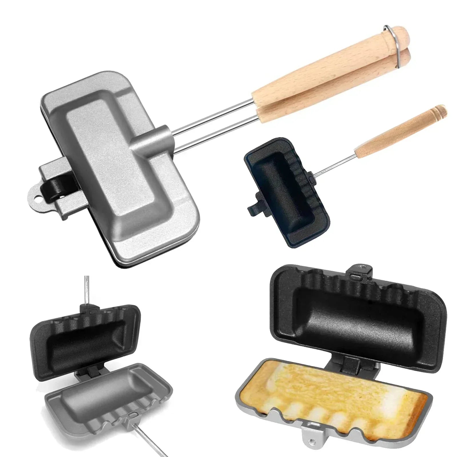 Double-sided non-stick hot dog and sandwich maker pan with cool-touch handles for camping — view 2