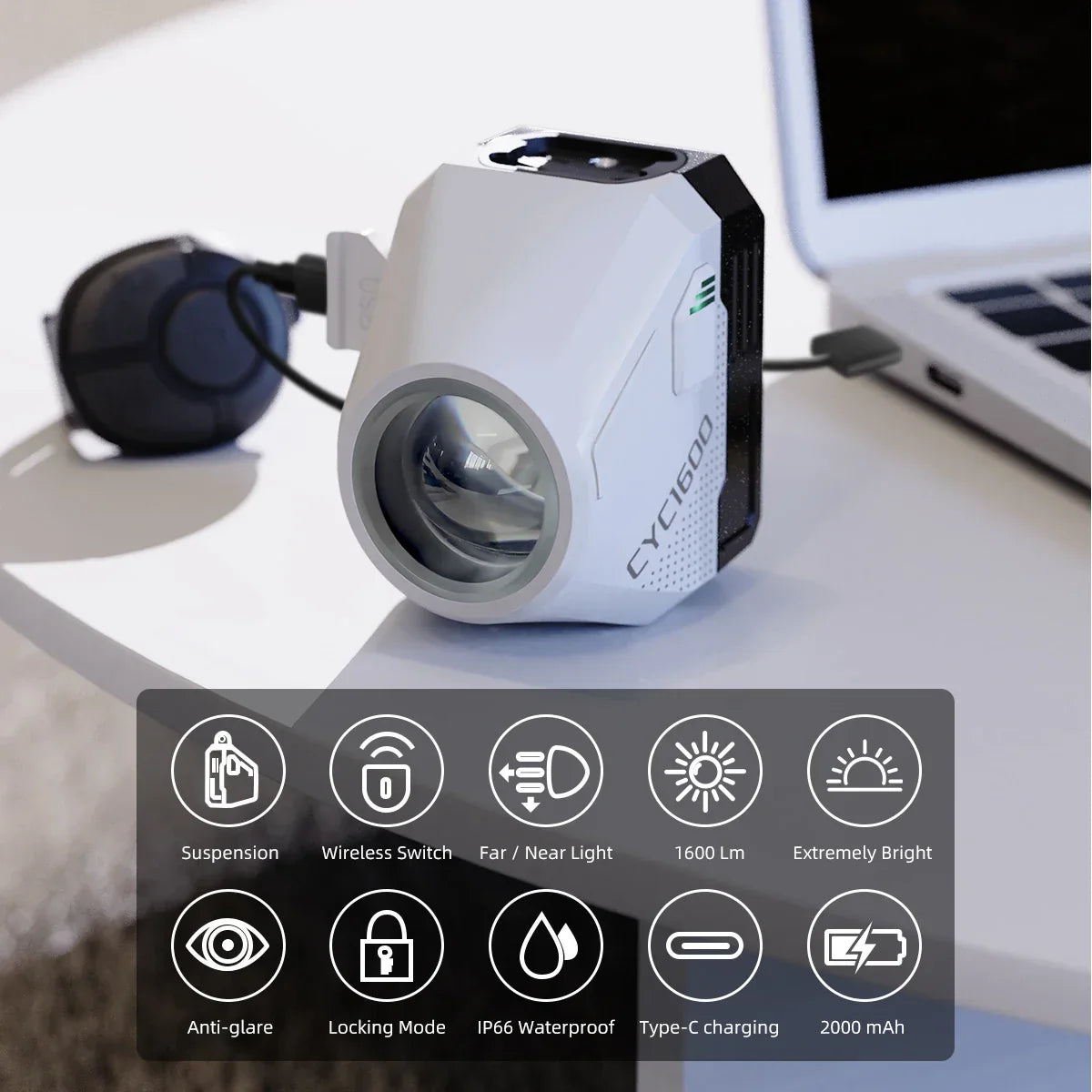 Ultra-bright 1600 lumen bike headlight with wireless remote control and GoPro compatible mounting bracket — view 4