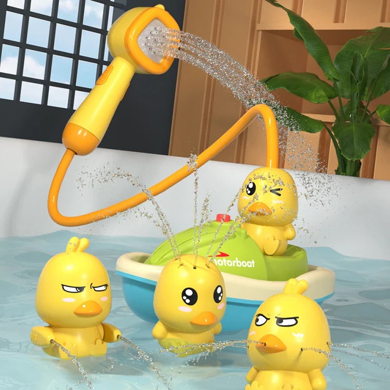 Motorized splashing ducks bath toy set with plastic boat and yellow duckling figures