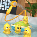 Motorized splashing ducks bath toy set with plastic boat and yellow duckling figures