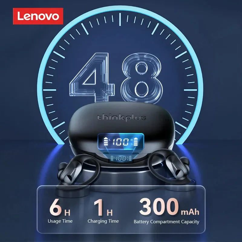 Lenovo LP75 wireless sports earphones with flexible silicone ear hooks and digital LED charging case — view 2