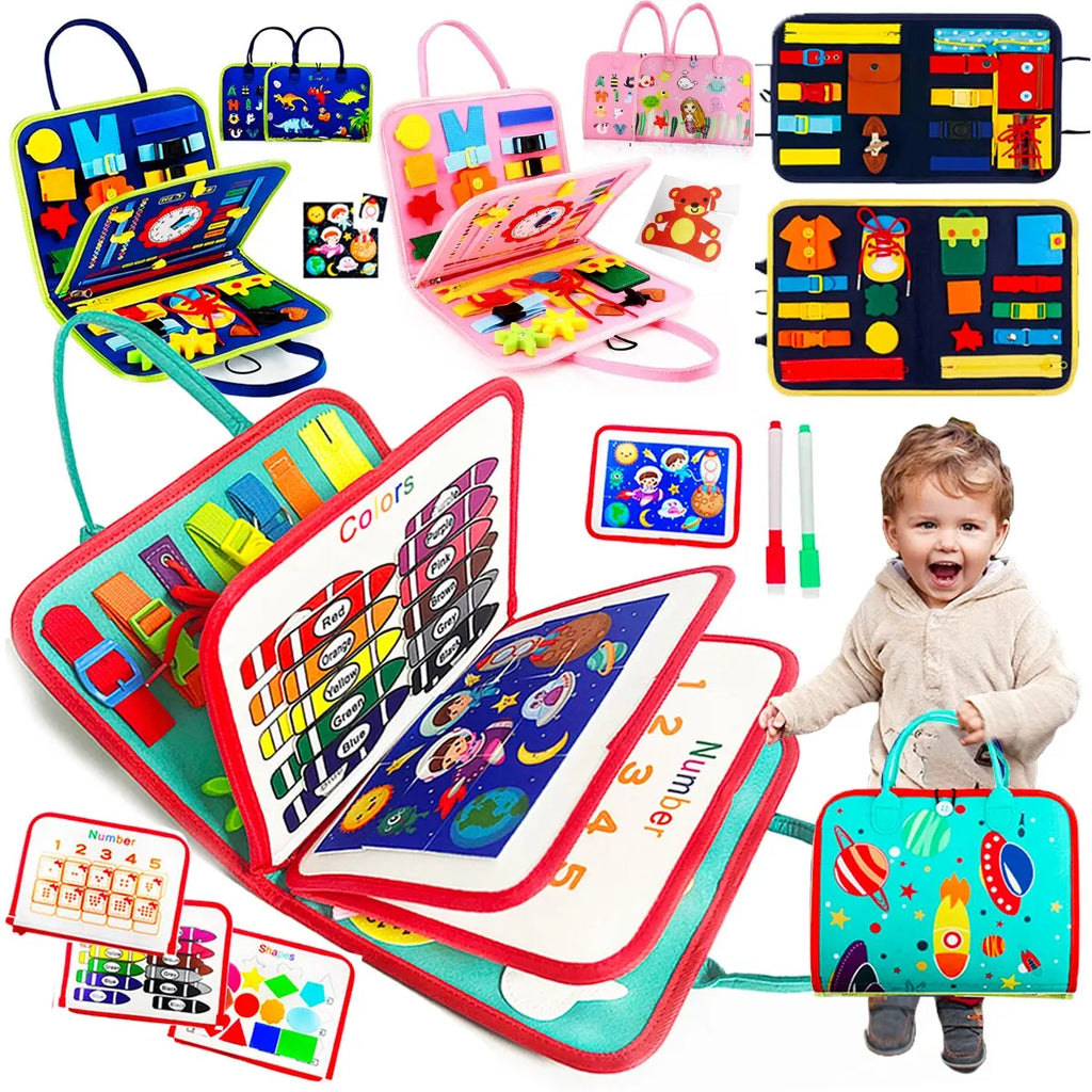 Montessori toddler busy board sensory toy with colorful educational buckles buttons and zippers for travel