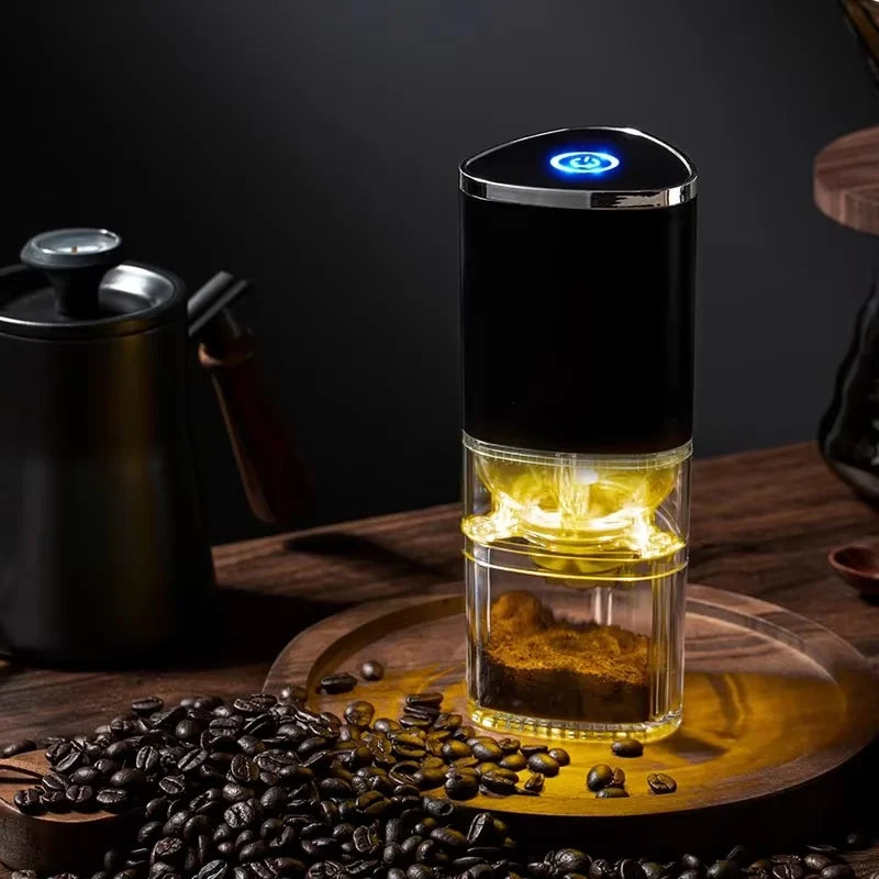 Black portable electric coffee grinder with adjustable settings and USB Type-C charging port — view 3