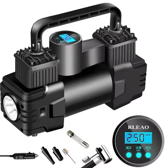 Black 12V heavy duty dual cylinder air compressor tire inflator with digital gauge and hose — view 3