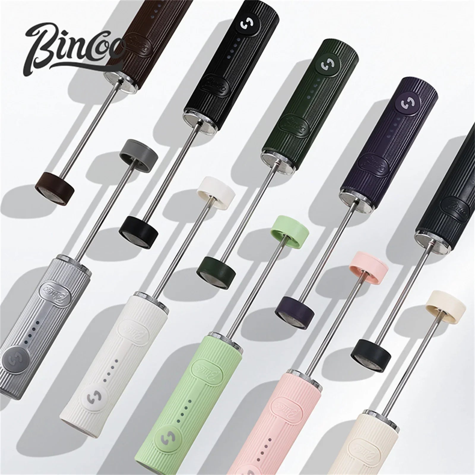 Black wireless electric milk frother with stainless steel whisk head and ergonomic handle