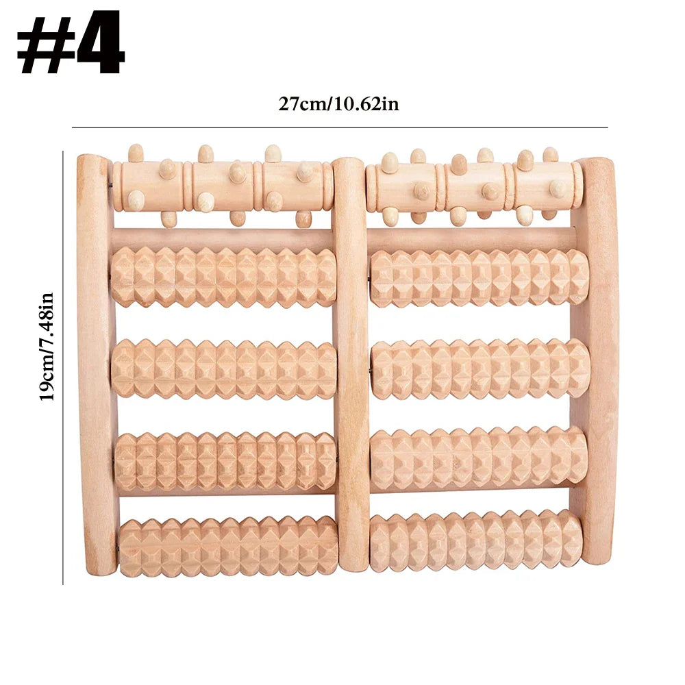 Brown wooden foot roller massager with five rows of acupressure nubs for plantar fasciitis relief — view 4