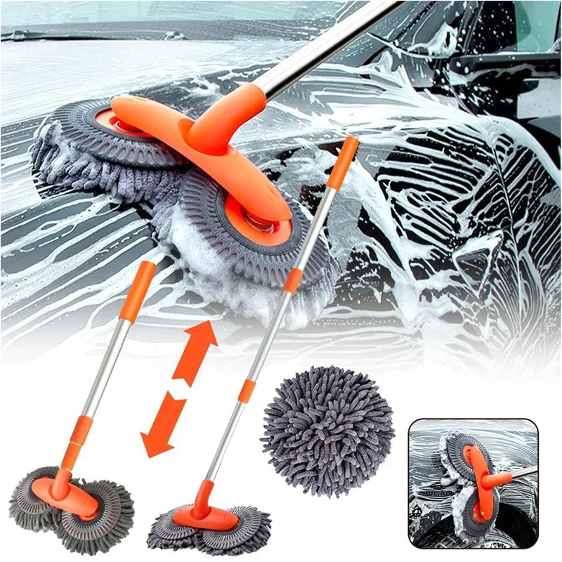 Orange telescopic car wash mop with 360-degree double rotating chenille microfiber brush head — view 2