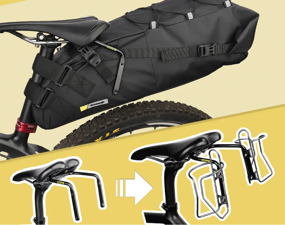 Black 13L bike saddlebag with stabilizer rack, waterproof polyester storage pack for cycling touring and commuting — view 2