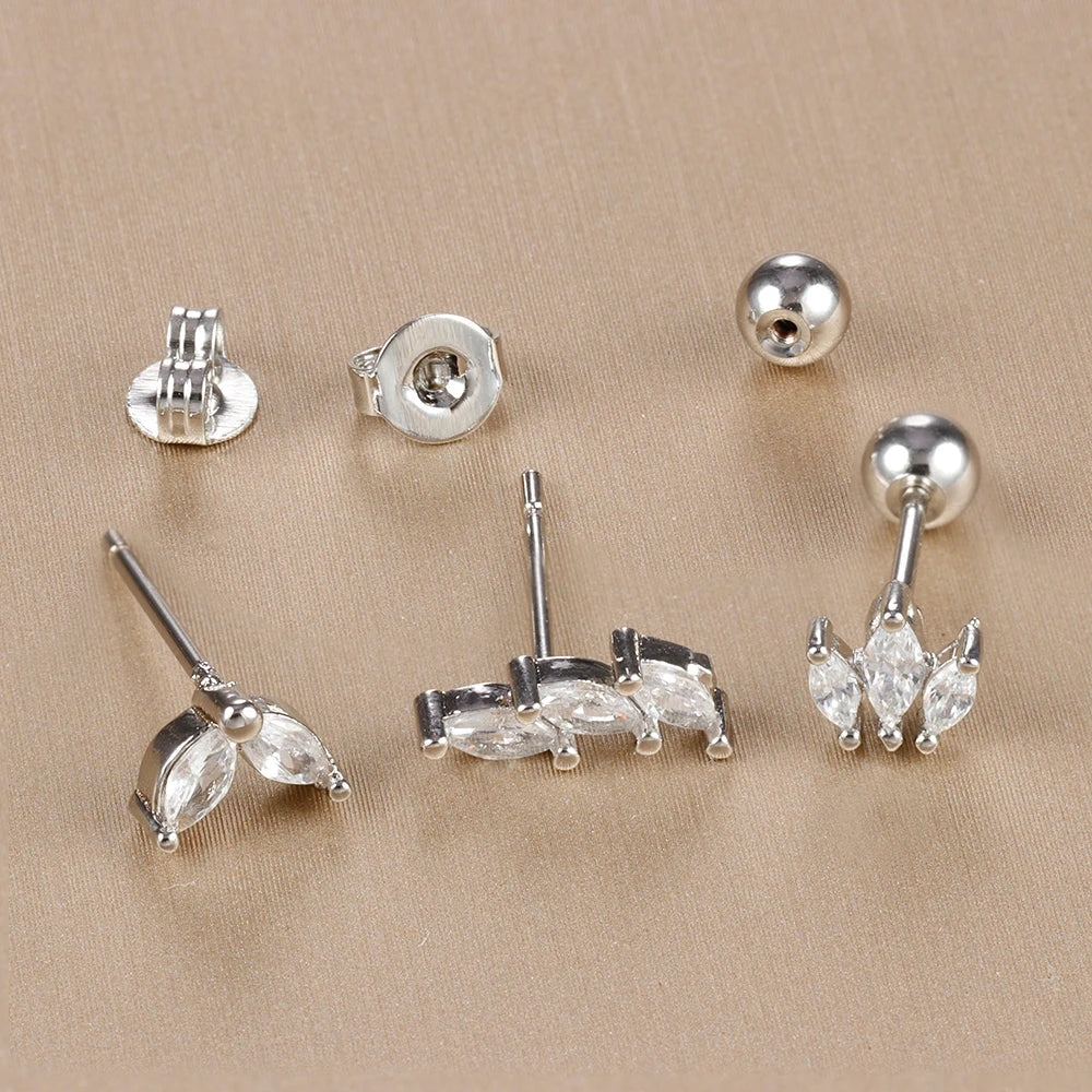 3-piece crown stud earring set in gold-plated stainless steel with sparkling zircon crystal accents — view 4
