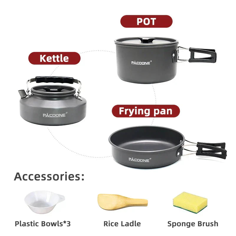 Portable metal camping cookware set with nesting pots, pans, water kettle, and tableware. — view 2