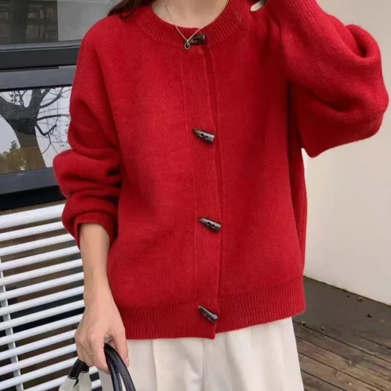 Women's thick wool crew neck button up knitted cardigan sweater in solid color — view 2