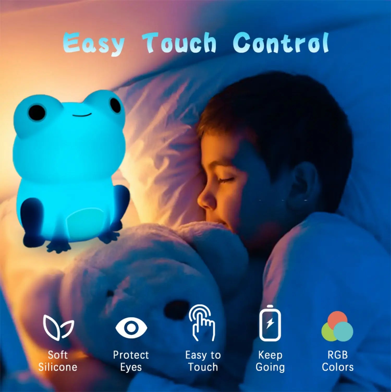 Soft silicone frog shaped sleeping night light glowing in a child's bedroom or nursery — view 3