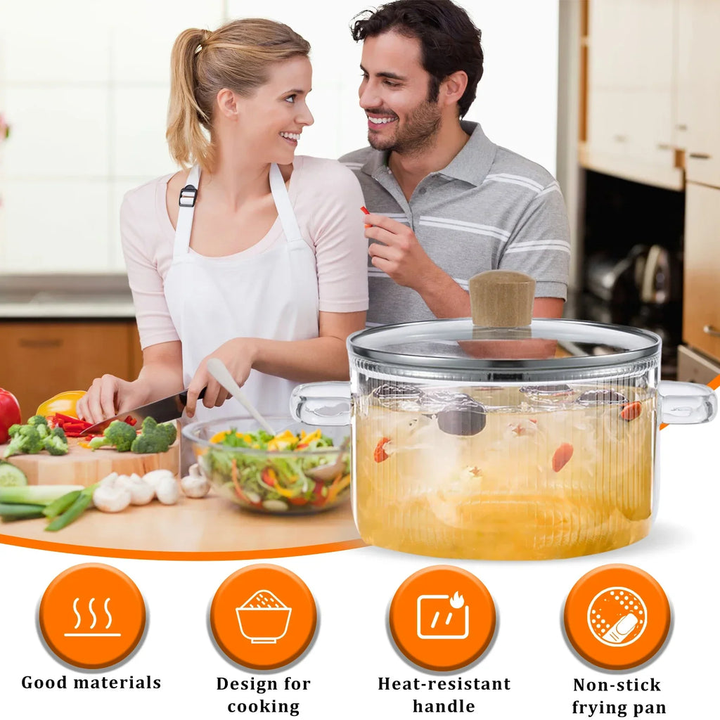 Clear 1.6L borosilicate glass saucepan with matching lid and dual side handles on a stovetop. — view 5