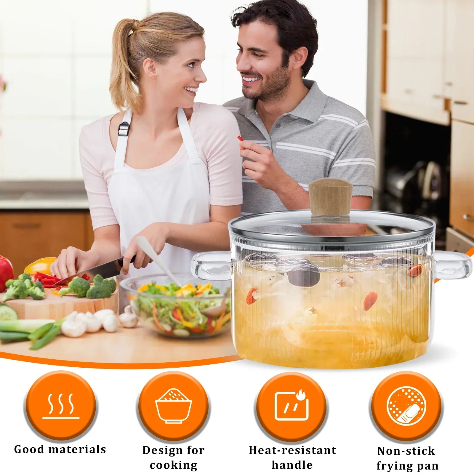 Clear 1.6L borosilicate glass saucepan with matching lid and dual side handles on a stovetop. — view 5