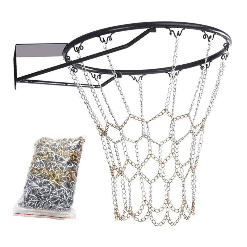Heavy-duty galvanized steel chain basketball net with standard twelve-mesh hooks for outdoor hoops