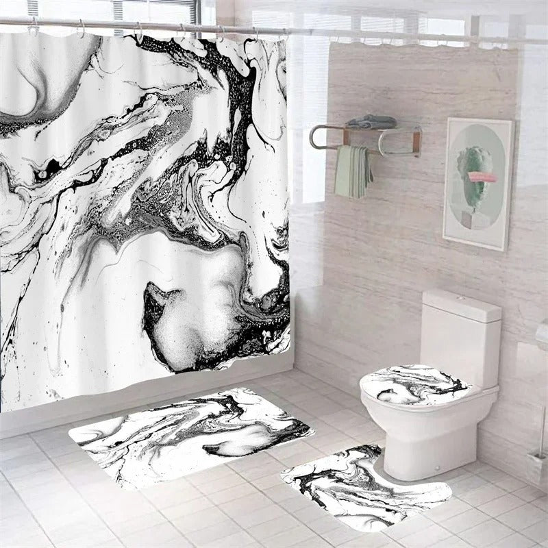 Luxury 4-piece 3D marble shower curtain set with matching bath mat pedestal rug and toilet cover — view 2