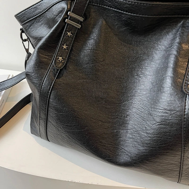 Black PU leather womens vintage tote bag with shoulder straps and secure zipper closure — view 2