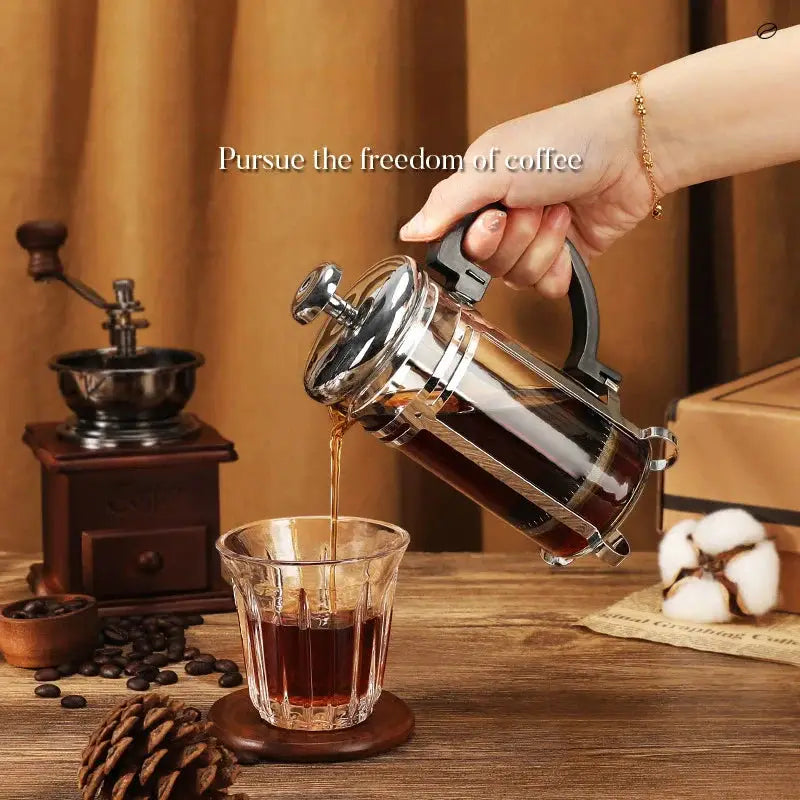 Stainless steel manual coffee grinder and 34 ounce double walled French press pot gift set — view 3