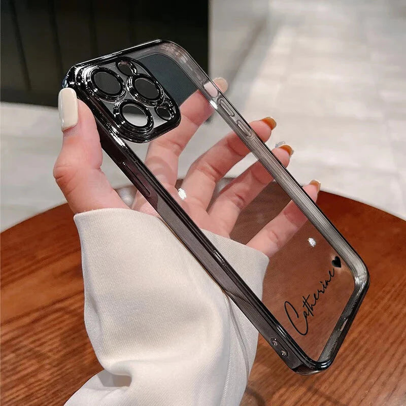 Personalized clear iPhone case with luxury metallic plating and custom name engraving on the back — view 2