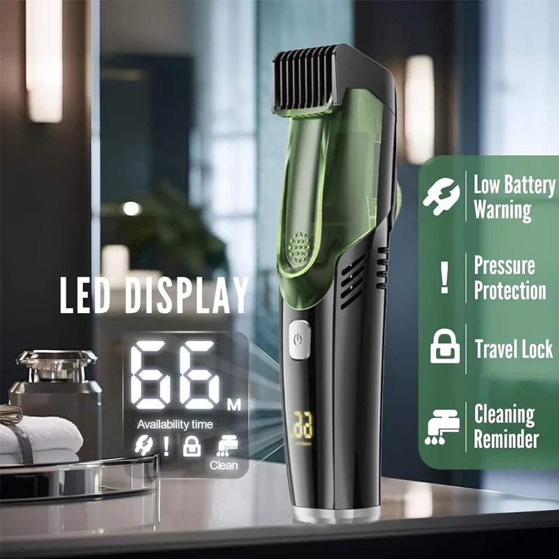Green cordless beard trimmer and electric shaver with adjustable comb attachments and built-in vacuum system — view 3