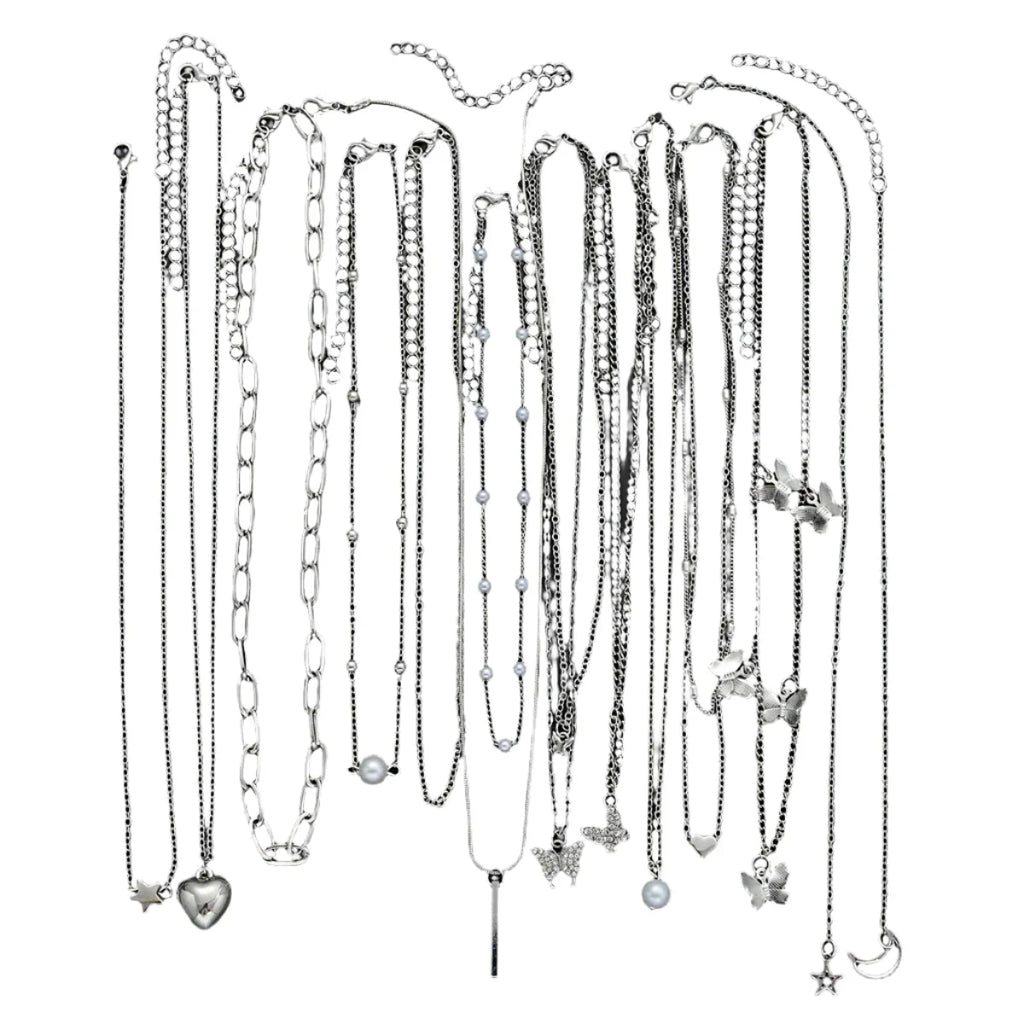 13-piece silver women's necklace set featuring heart, butterfly, pearl, and star charm pendants