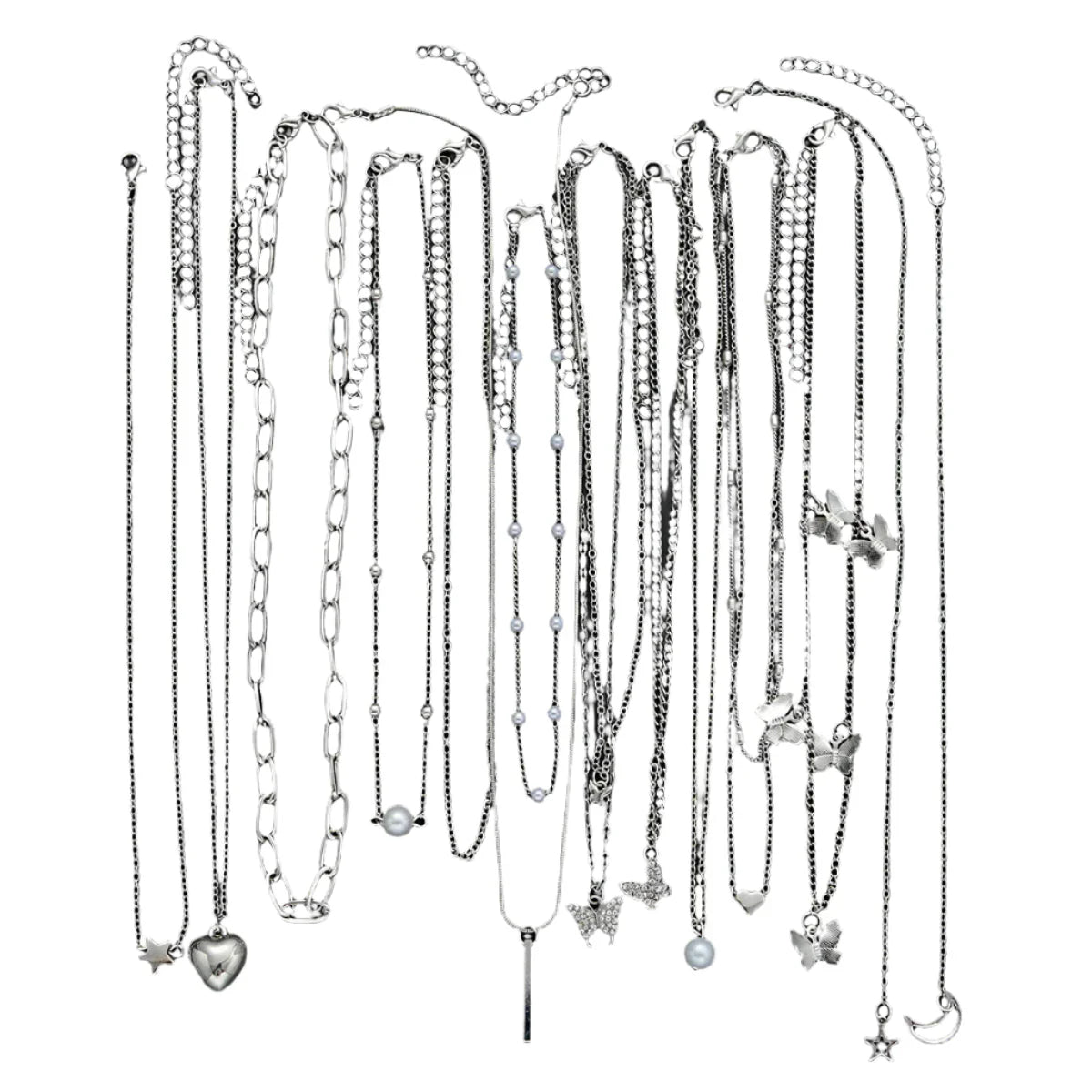 13-piece women's silver tone necklace set featuring heart, star, butterfly, and pearl charm pendants