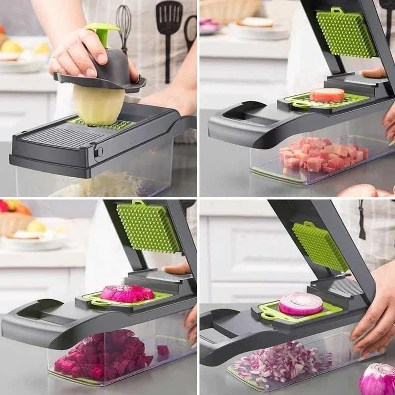 16-piece multifunctional vegetable chopper set with stainless steel blades and a clear BPA-free plastic container — view 3
